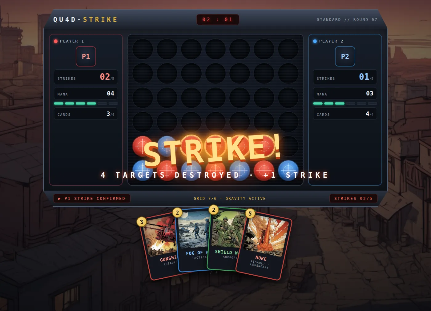 QU4D-Strike — an in-progress match: a 7 by 6 grid mid-game with red and blue pieces, player strike and mana panels, and a card hand